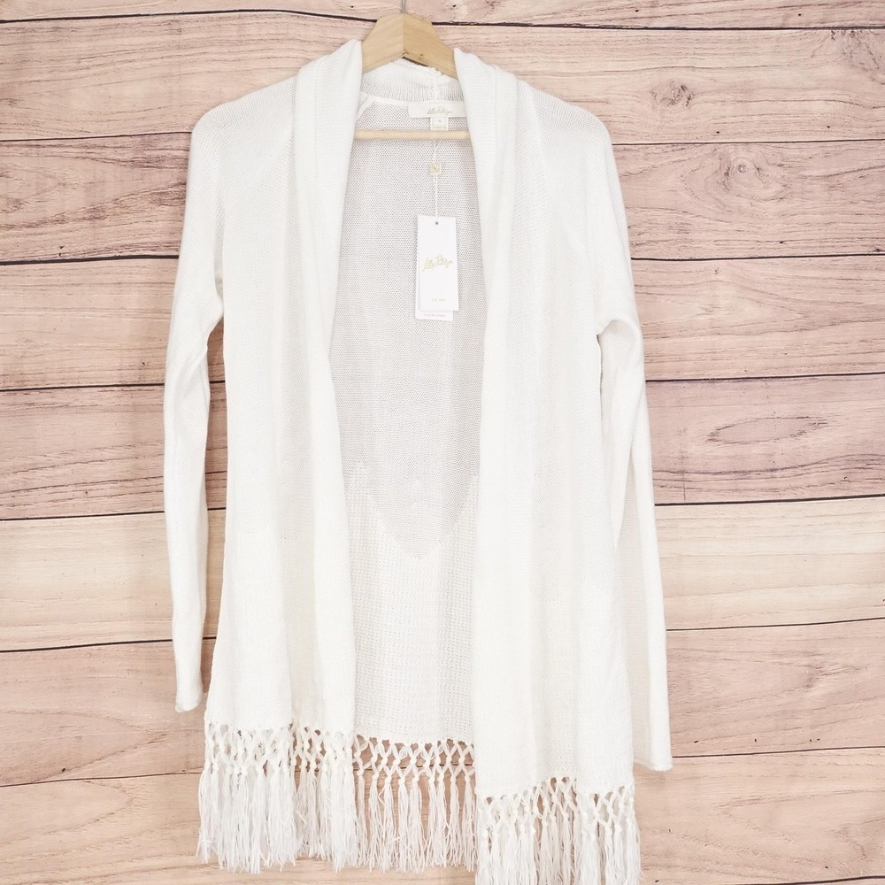 New! Lilly Pulitzer Sweater Womens S White Tatum Cardigan Fringe Knit Open Front